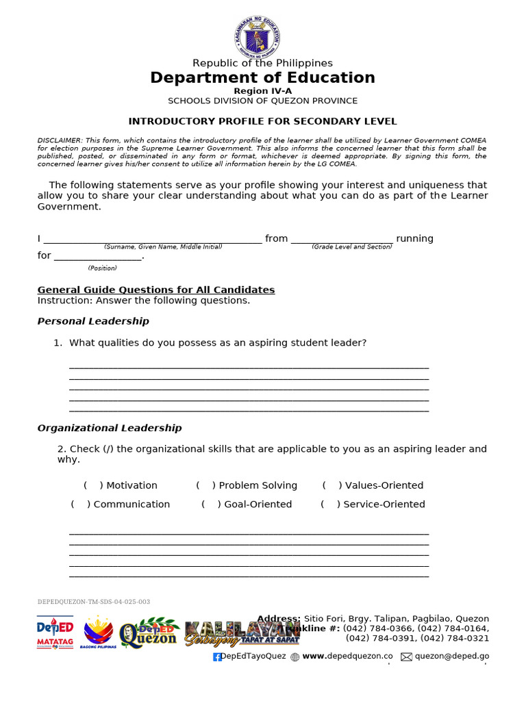 Secondary Level Learner Profile Form | PDF | Behavior Modification ...