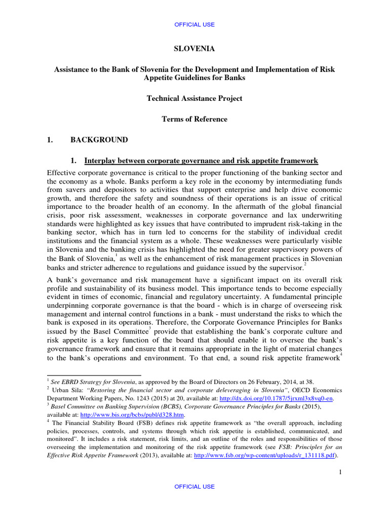 Assistance To Bank of Slovenia - Final ToR | PDF | Governance | Risk
