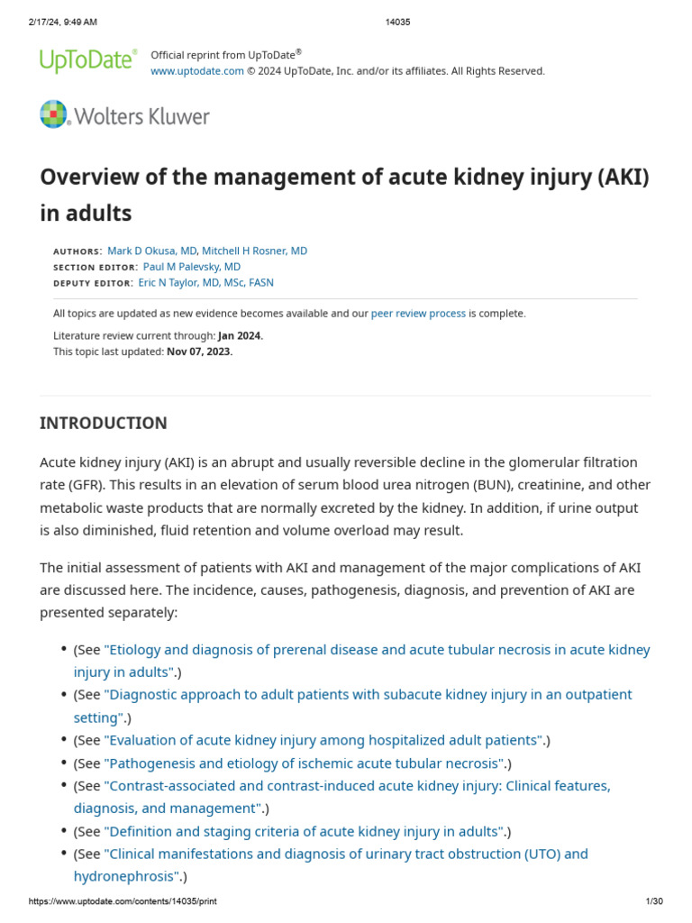 Overview of The Management of Acute Kidney Injury Aki in Adults | PDF |  Creatinine | Medical Specialties