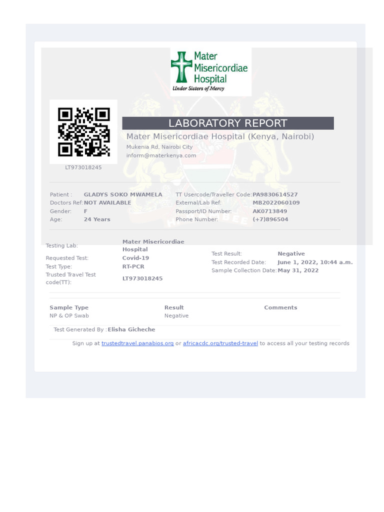 Nairobi Hospital PCR Test Result | PDF