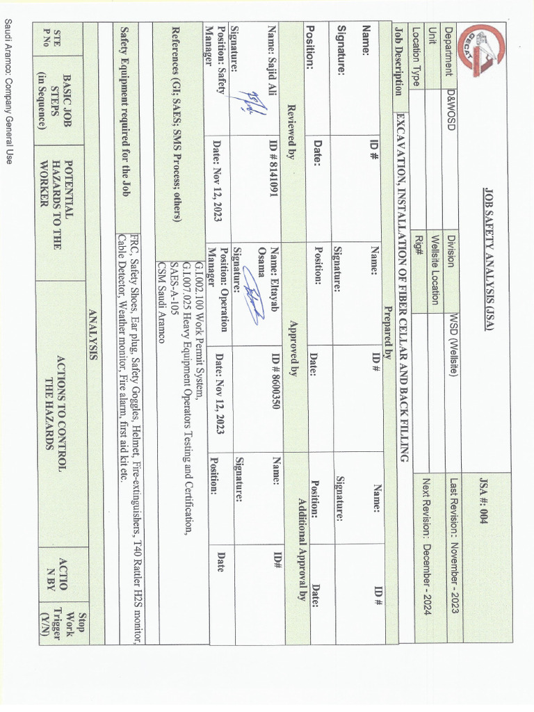 JSA Exavation, Insallation of Fiber Cellar and Back Filling | PDF