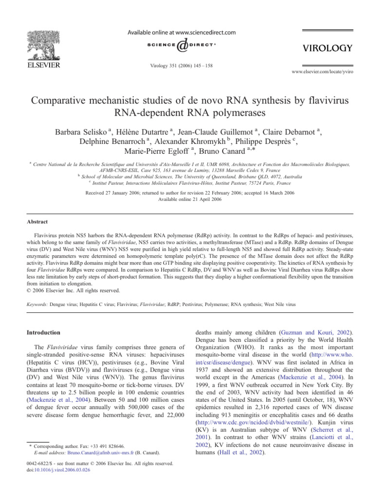 Comparative Mechanistic Studies of de Novo RNA Snthesis by Flavivirus ...