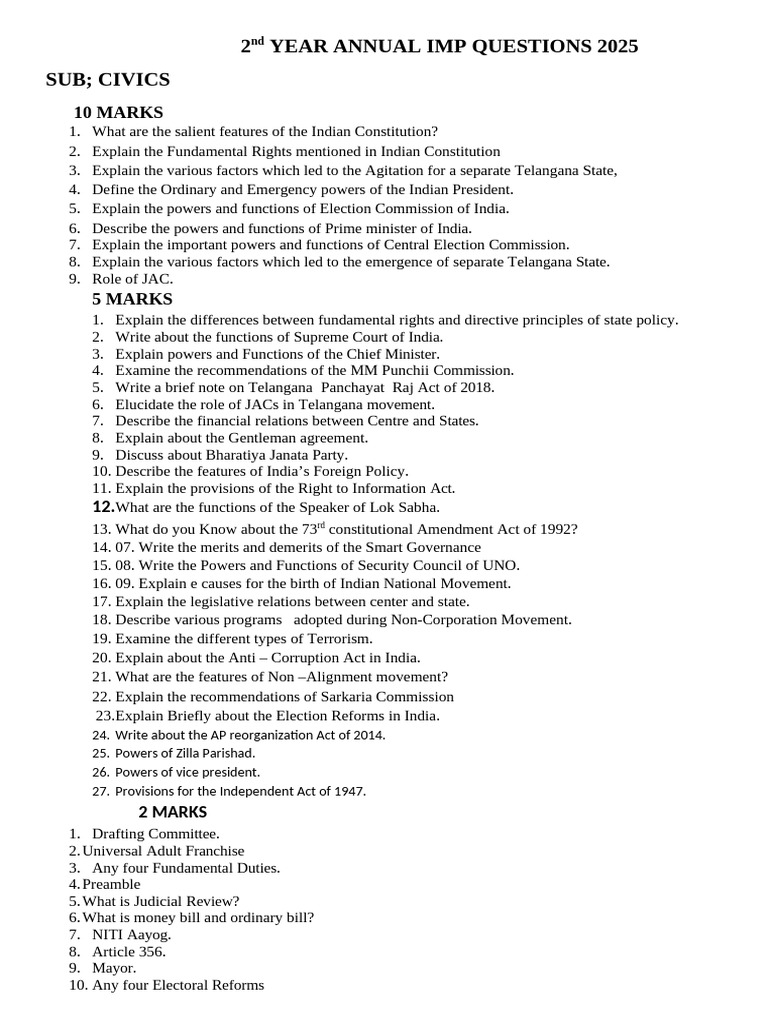 2nd Year Annual Imp Questions 2025 | PDF | Political Charters | Government