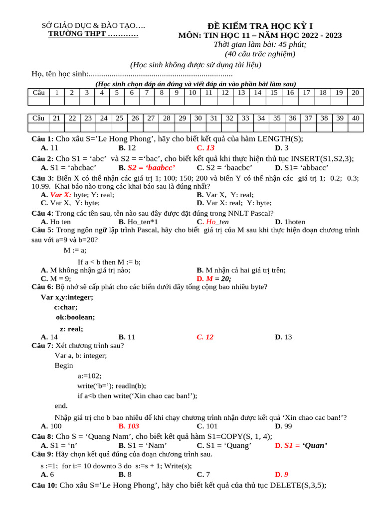 De Thi HK1 Tin 11 de 3 | PDF