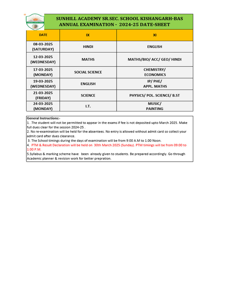 Annual Exam Date Sheet 2024-25 (Ix & Xi) | PDF