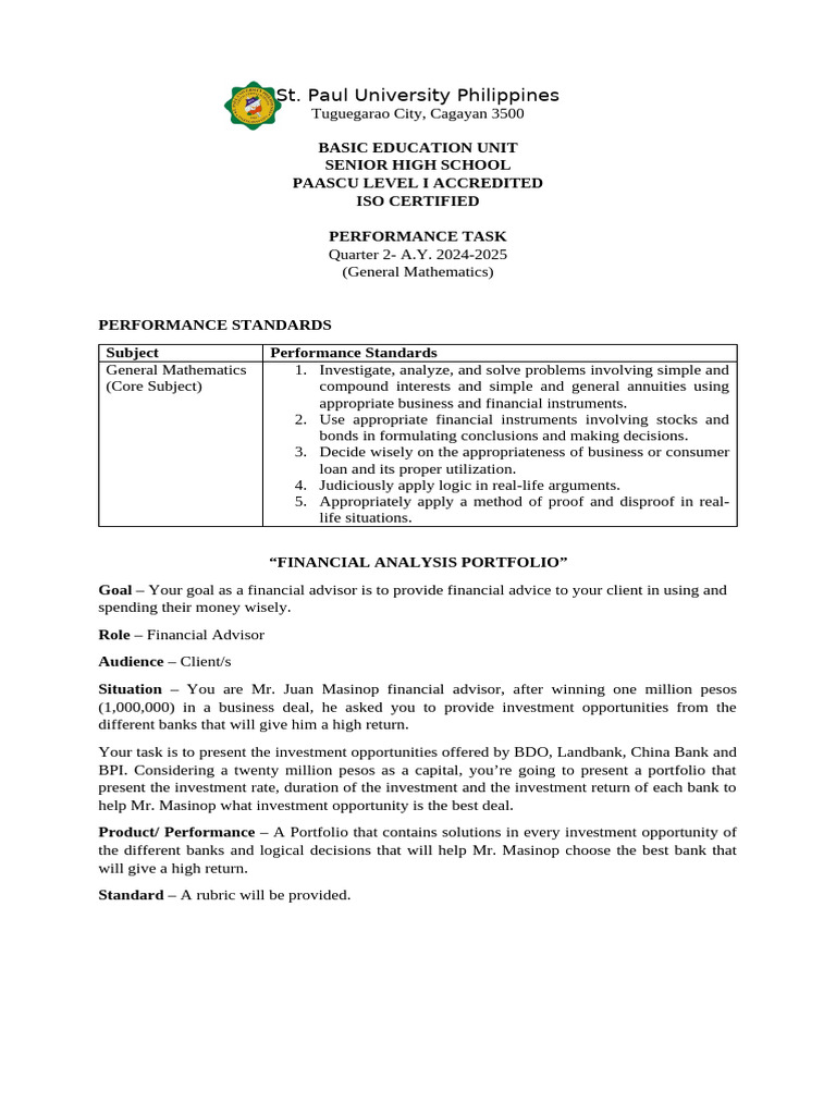 Q2 Performance Task Gen Math | PDF | Interest | Banks