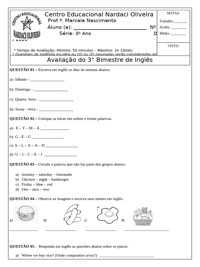 Atividades de Inglês para o 3º Ano | PDF