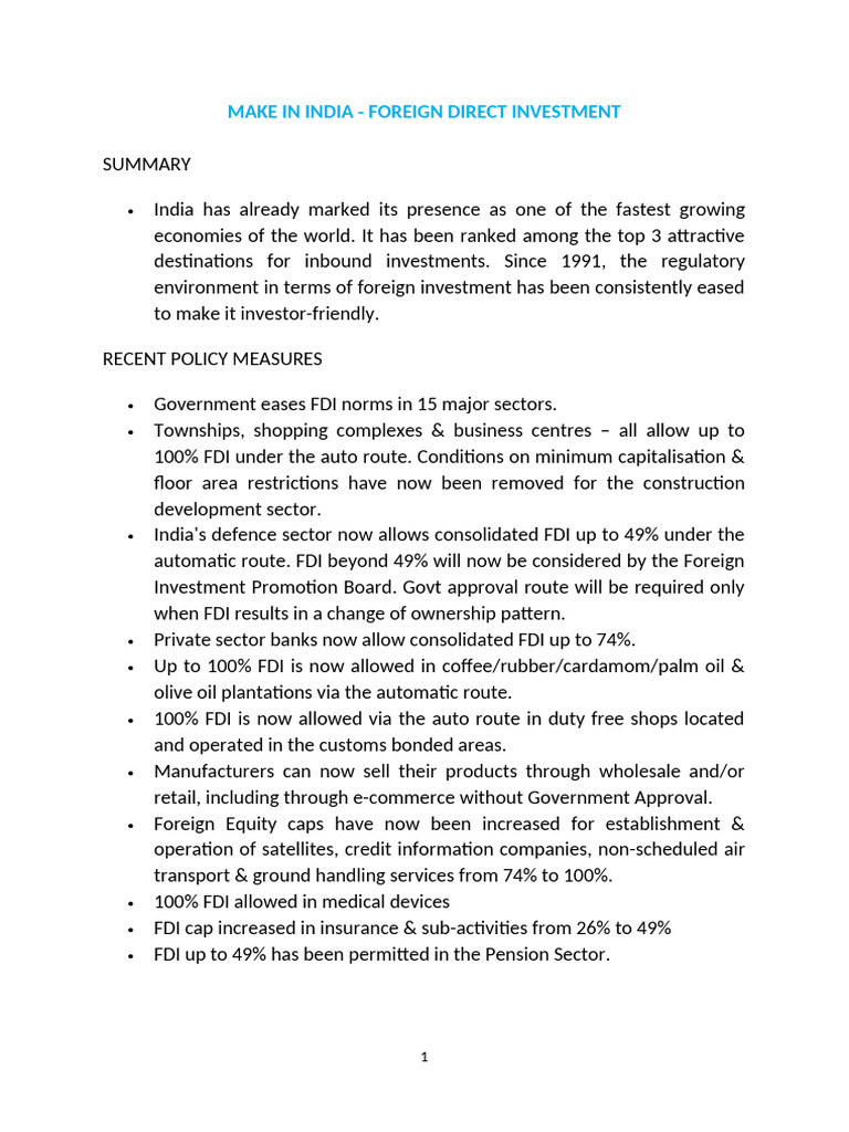 Make in India - Foreign Direct Investment | PDF | Taxes | Foreign ...