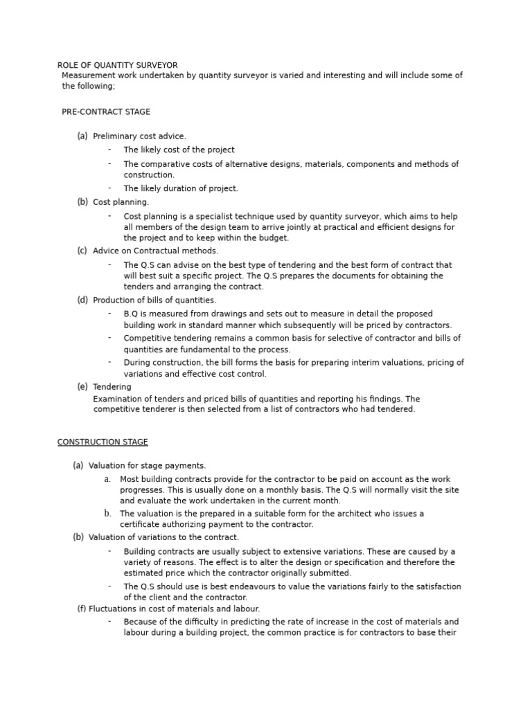 Role of Quantity Surveyor in Construction | PDF | Employment ...