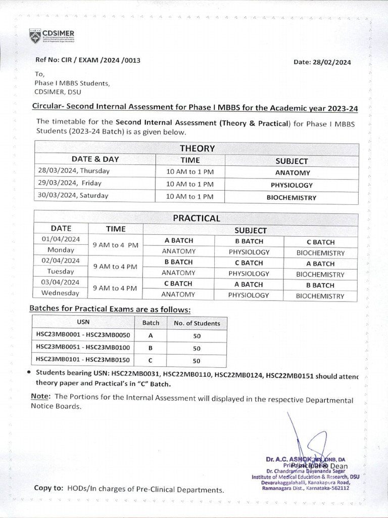 Second Internal Assessment For Phase - I MBBS AY 2023-2024 1 | PDF