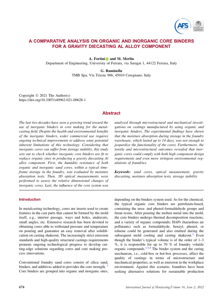 A Comparative Analysis On Organic and Inorganic Core Binders For A ...