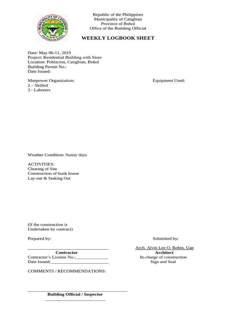 Weekly Construction Logbook Sample | PDF | Electrician | Concrete
