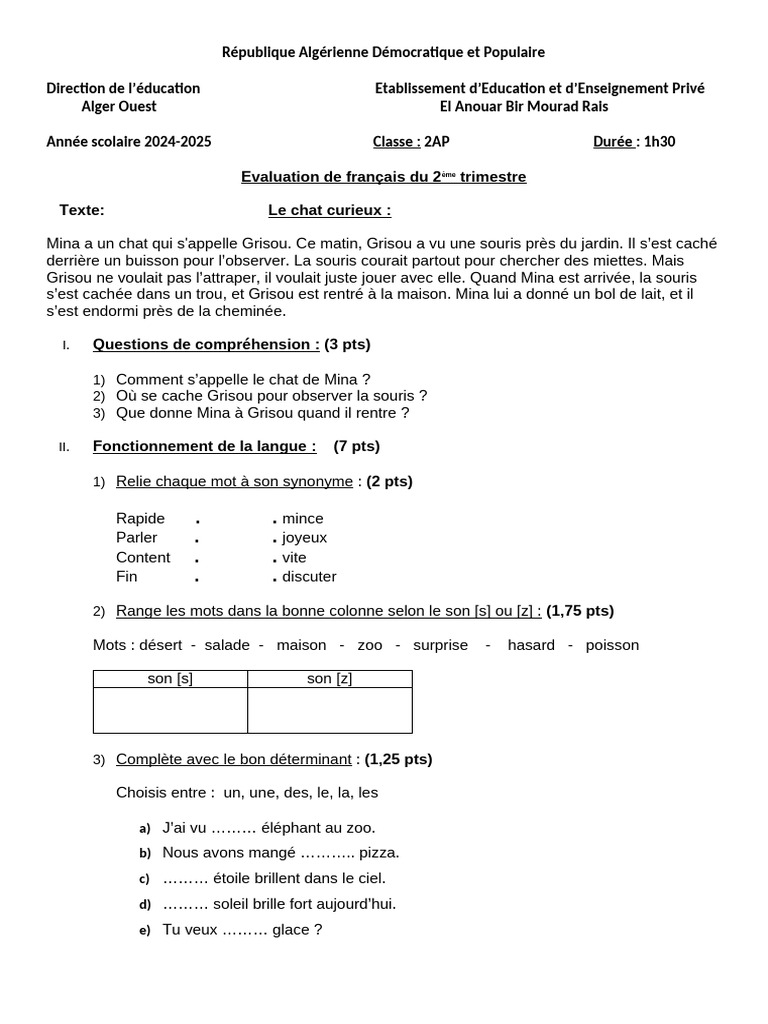 Évaluation de français 2AP - Trimestre 2 | PDF