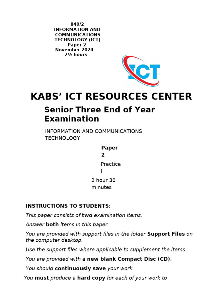 ICT Paper 2 Exam November 2024 | PDF | Computer File | Uganda
