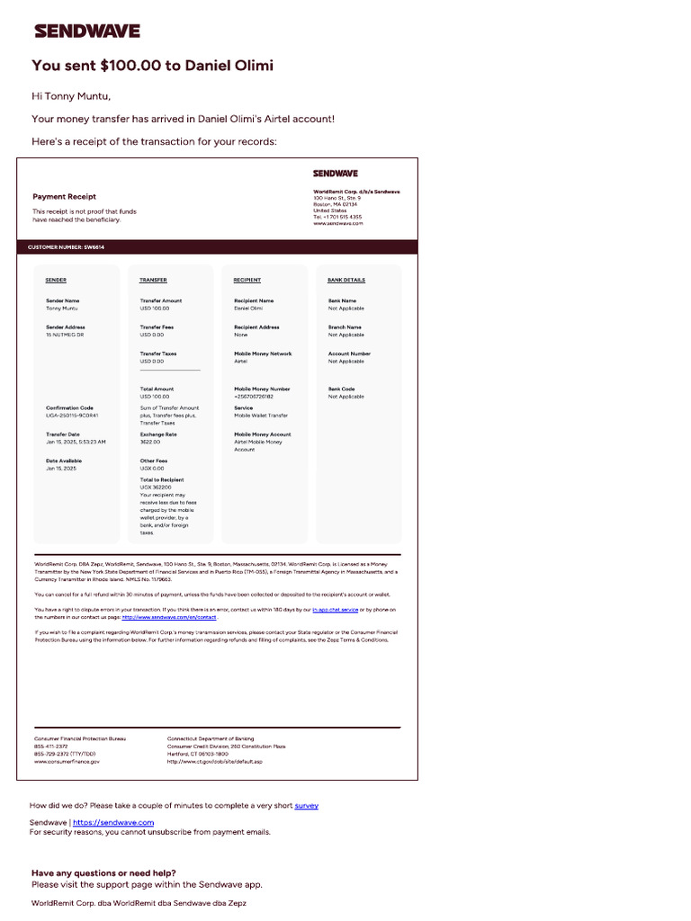 Sendwave Receipt | PDF