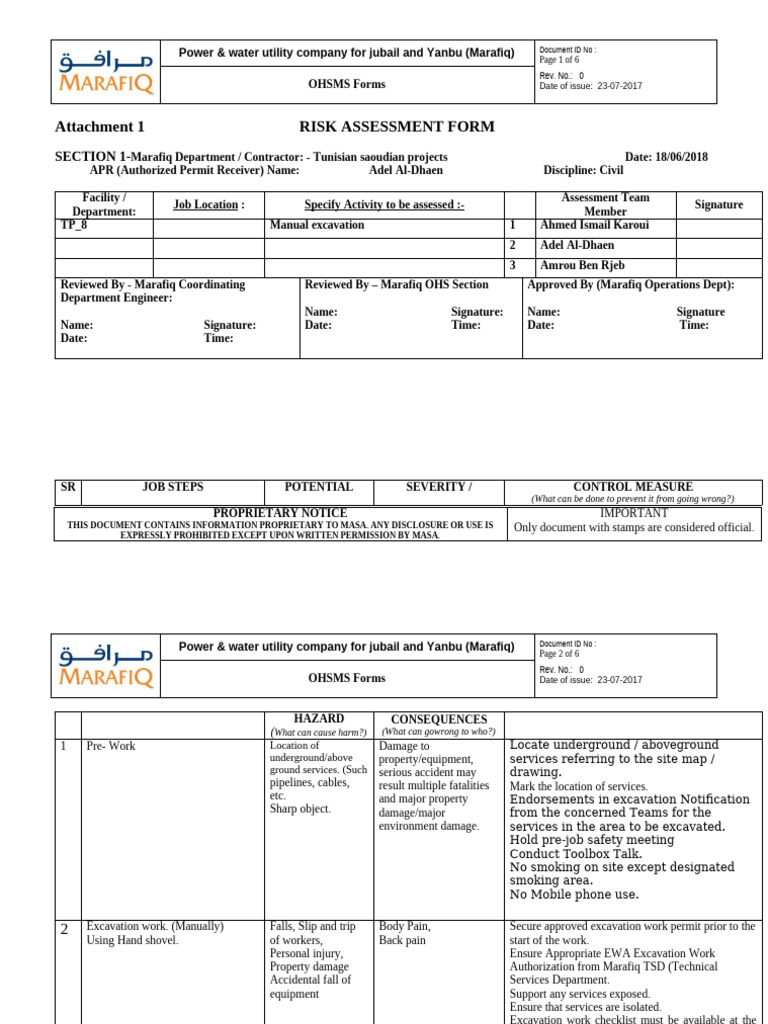 Marafiq Excavation Risk Assessment Form | PDF | Personal Protective ...