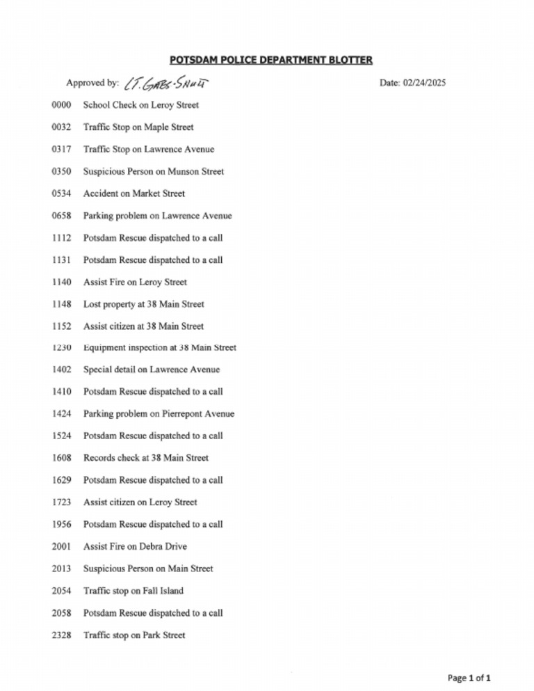 Potsdam Village Police Dept. blotter Feb. 24, 2025 PDF