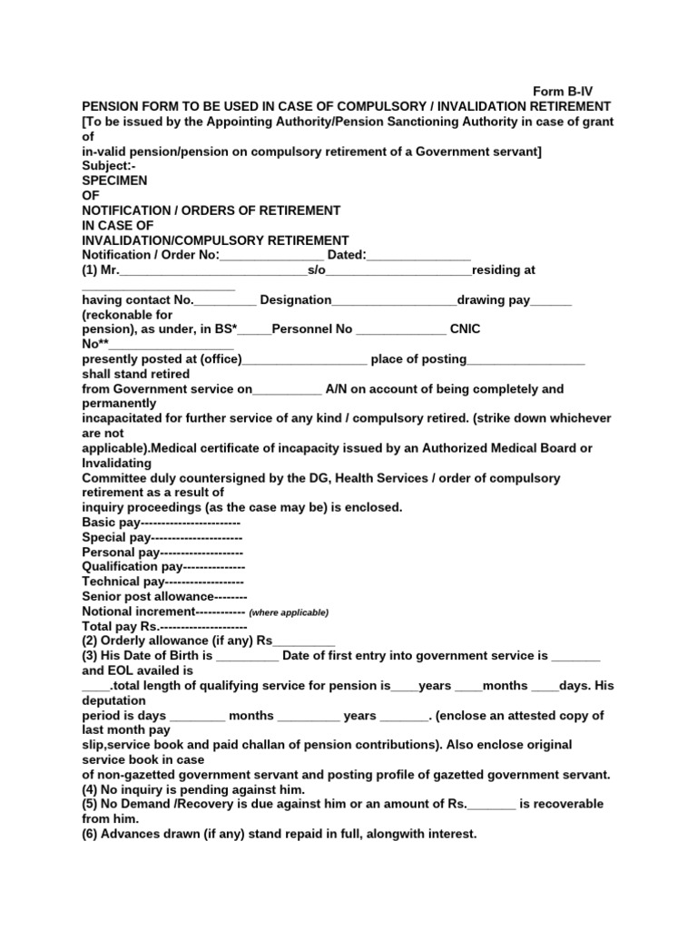 Compulsory Retirement Pension Form B-IV | PDF