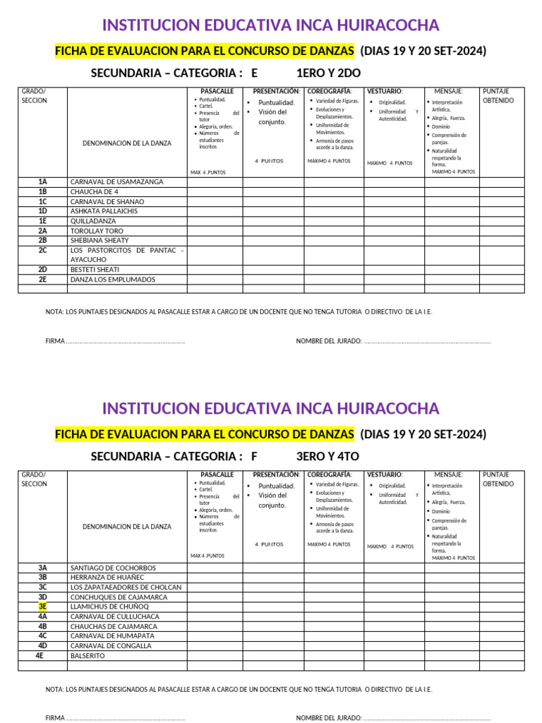 Ficha de Calificación Concurso Danzas | PDF