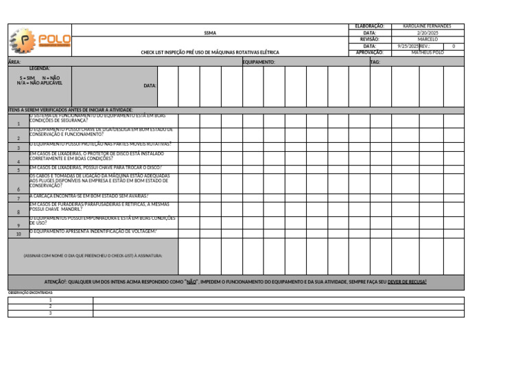 Check List de Segurança para Máquinas Elétricas | PDF