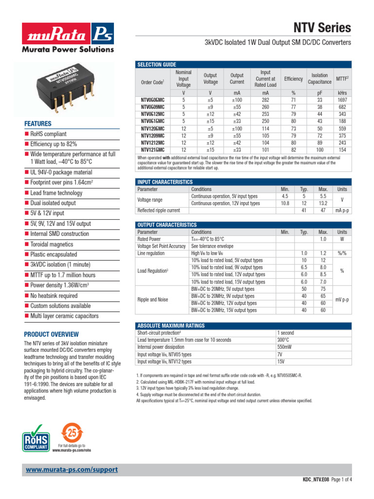3kVDC Isolated 1W Dual Output Converters | PDF | Transformer | High Voltage