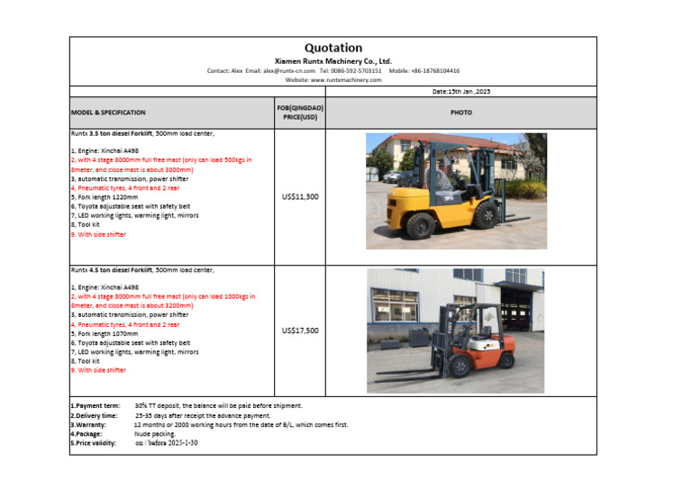 Diesel Forklift Quotation - Runtx Models | PDF