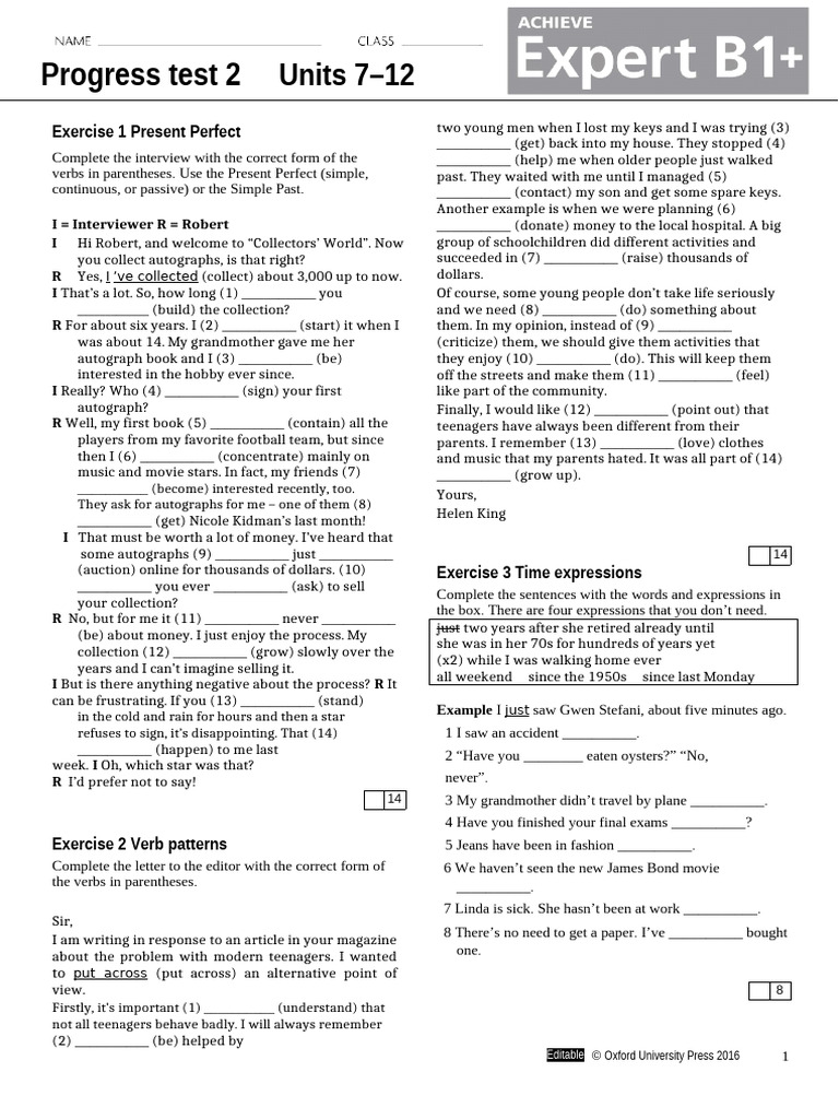 Expert B1+ - Progress Test 2 | PDF