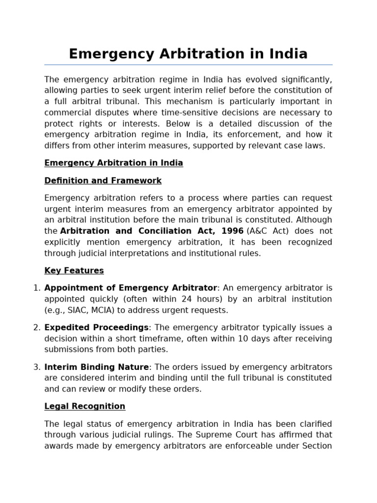 Emergency Arbitration in India | PDF | Arbitration | Arbitral Tribunal