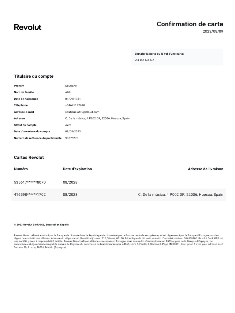 Confirmation De Carte Revolut PDF