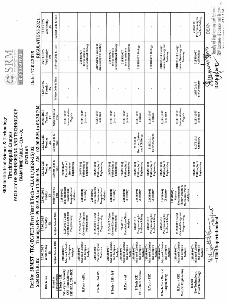 CLA 01 (Unit 01 and Unit 02) - Time Table - Even Semester AY 2024 2025 ...