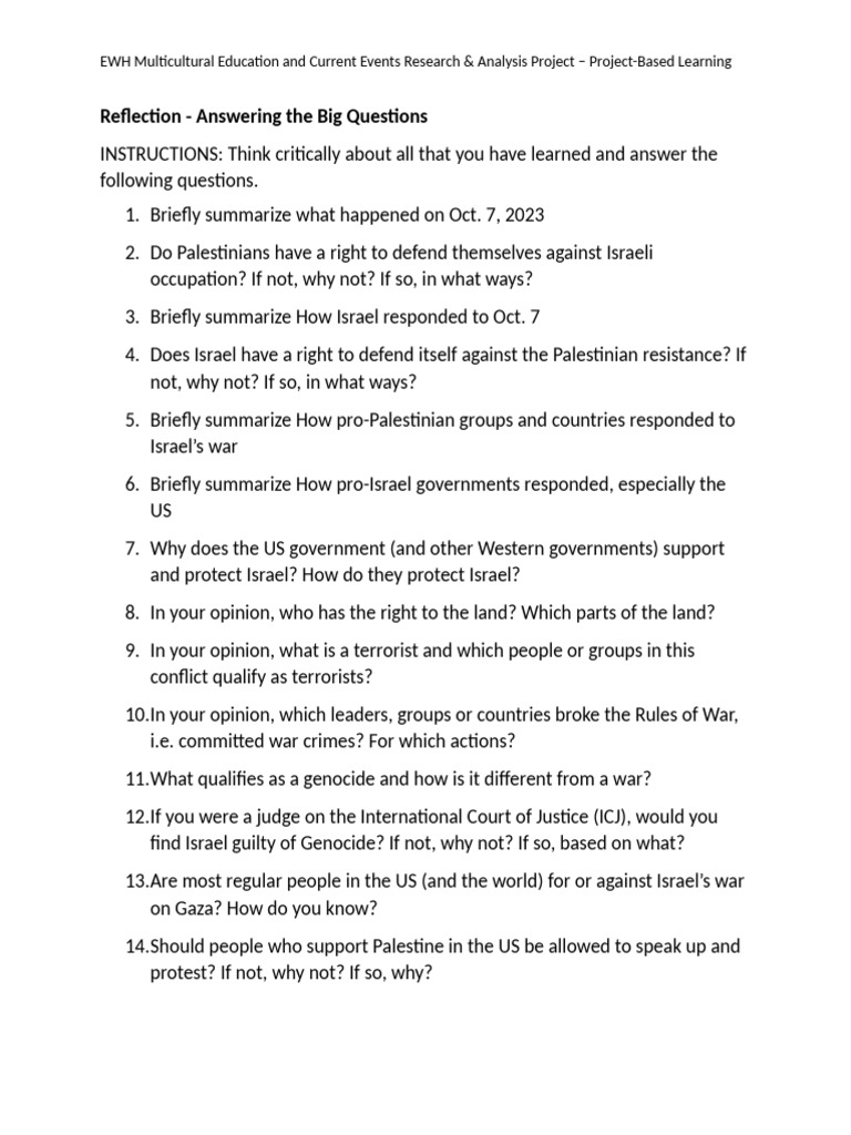 Reflection Answering+the+Big+Questions | PDF | Israel | World Politics