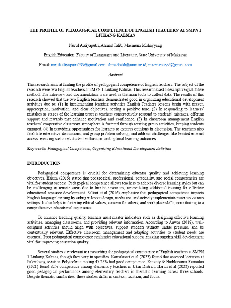 Pedagogical Competence of English Teachers | PDF | Pedagogy | Learning