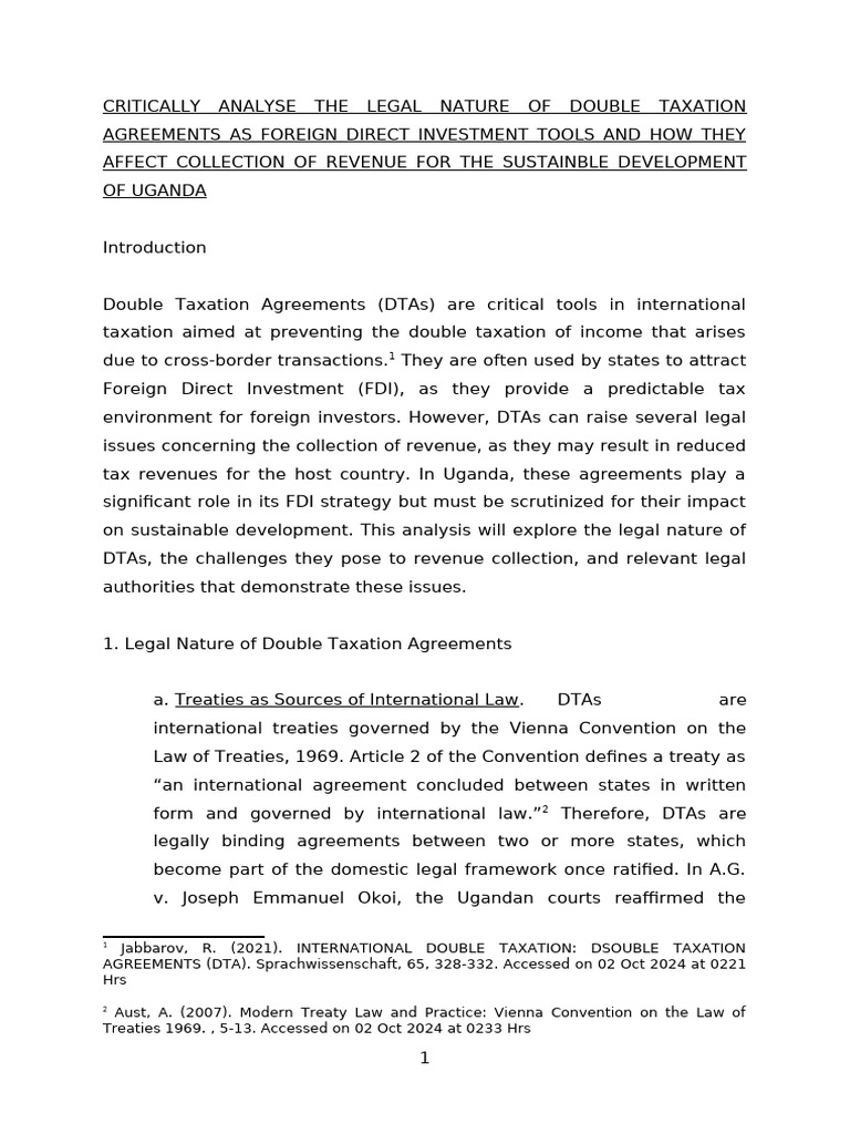 Legal Nature of Double Taxation Agreements As Foreign Direct Investment ...