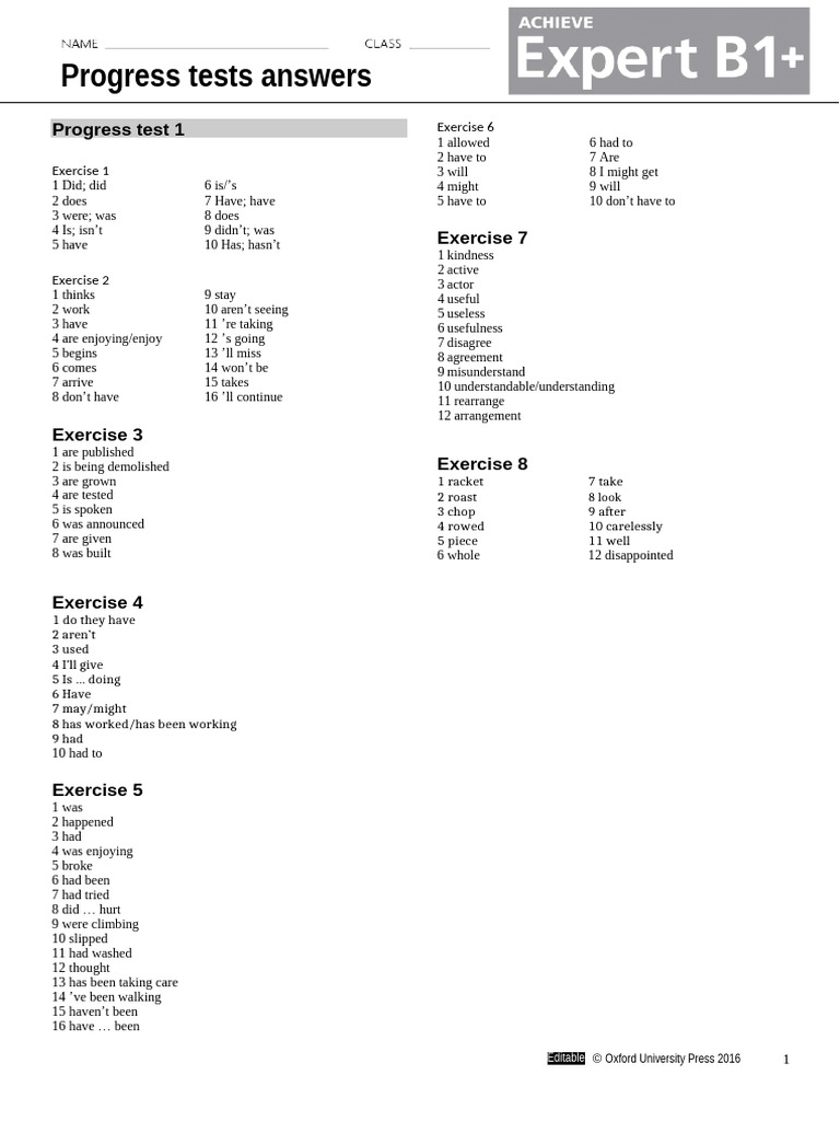 Expert B1+ - Progress Test - Answer Key | PDF