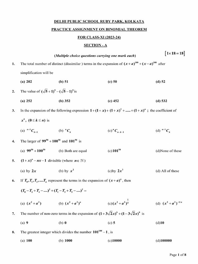 Assignment On Binomial Theorem For Class Xi (2023 - 24) | PDF