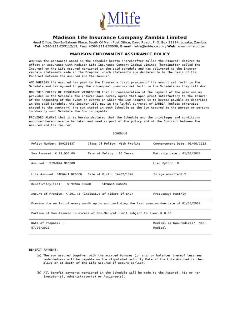 Madison Life Endowment Assurance Policy | PDF | Insurance | Life Insurance