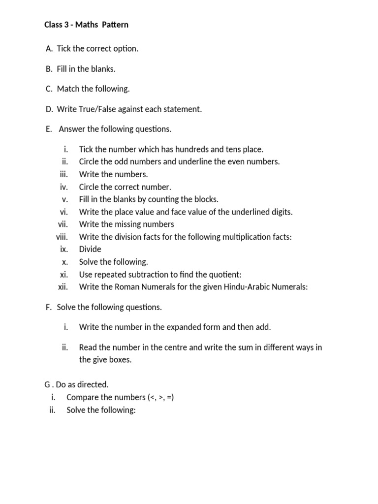 Class 3 Maths Patterns and Exercises | PDF