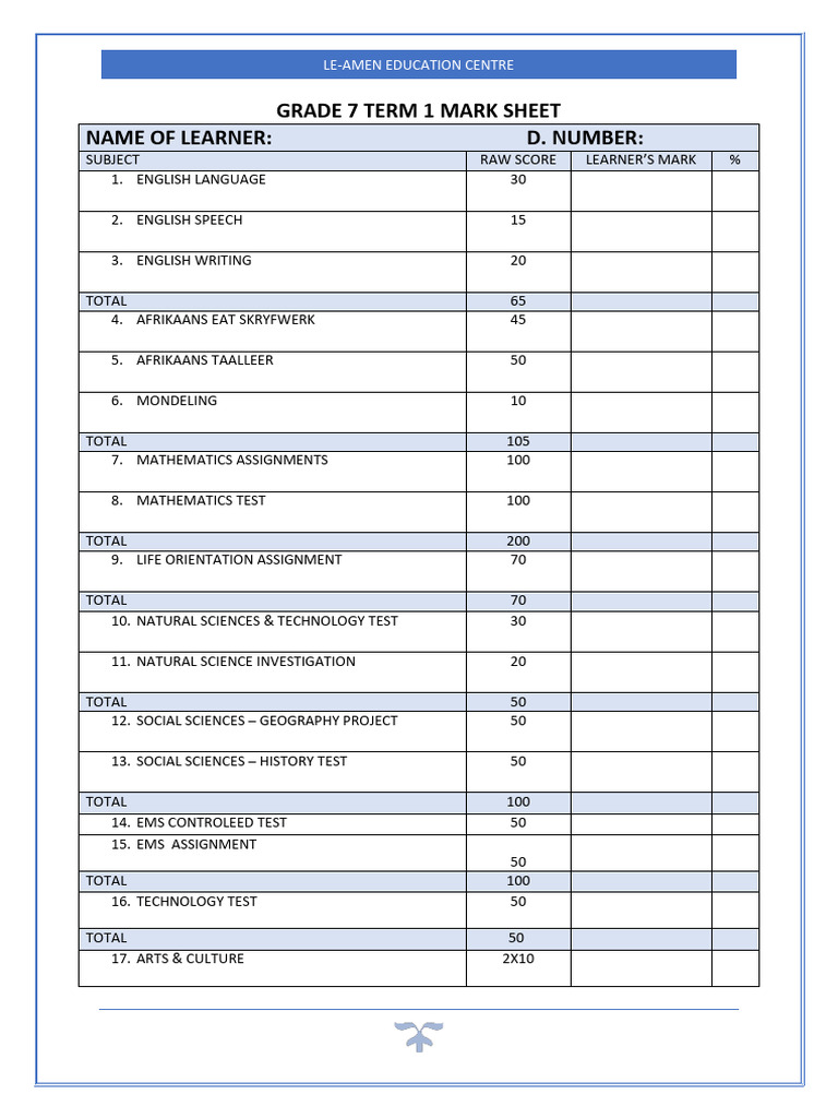 Grade 7 Term 1 Mark Sheet Overview | PDF | Learning
