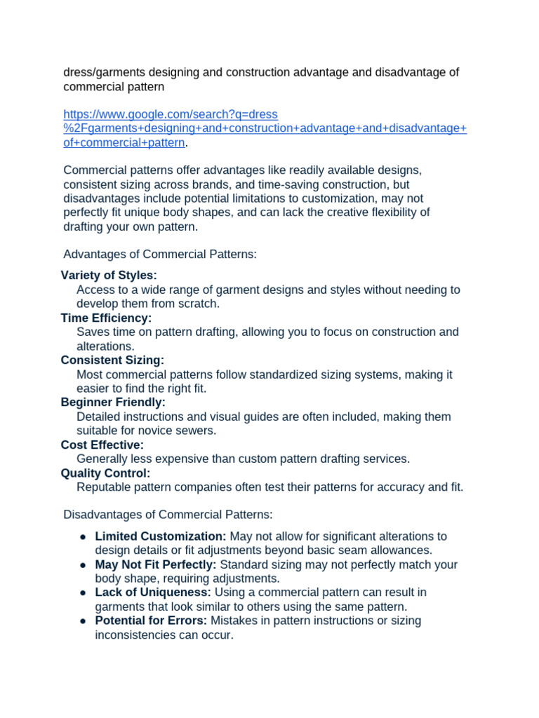 Advantages and Disadvantages of Commercial Patterns | PDF | Seam ...
