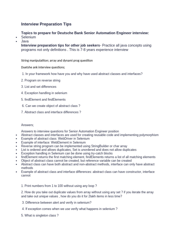 Deutsche Bank Automation Engineer Interview Prep | PDF | Class ...