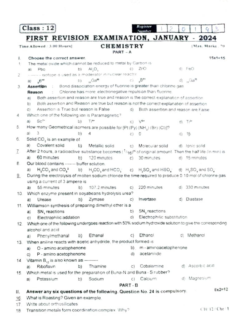 12th Chemistry Mid Term Exam Paper 2024 | PDF | Chlorine | Chemistry