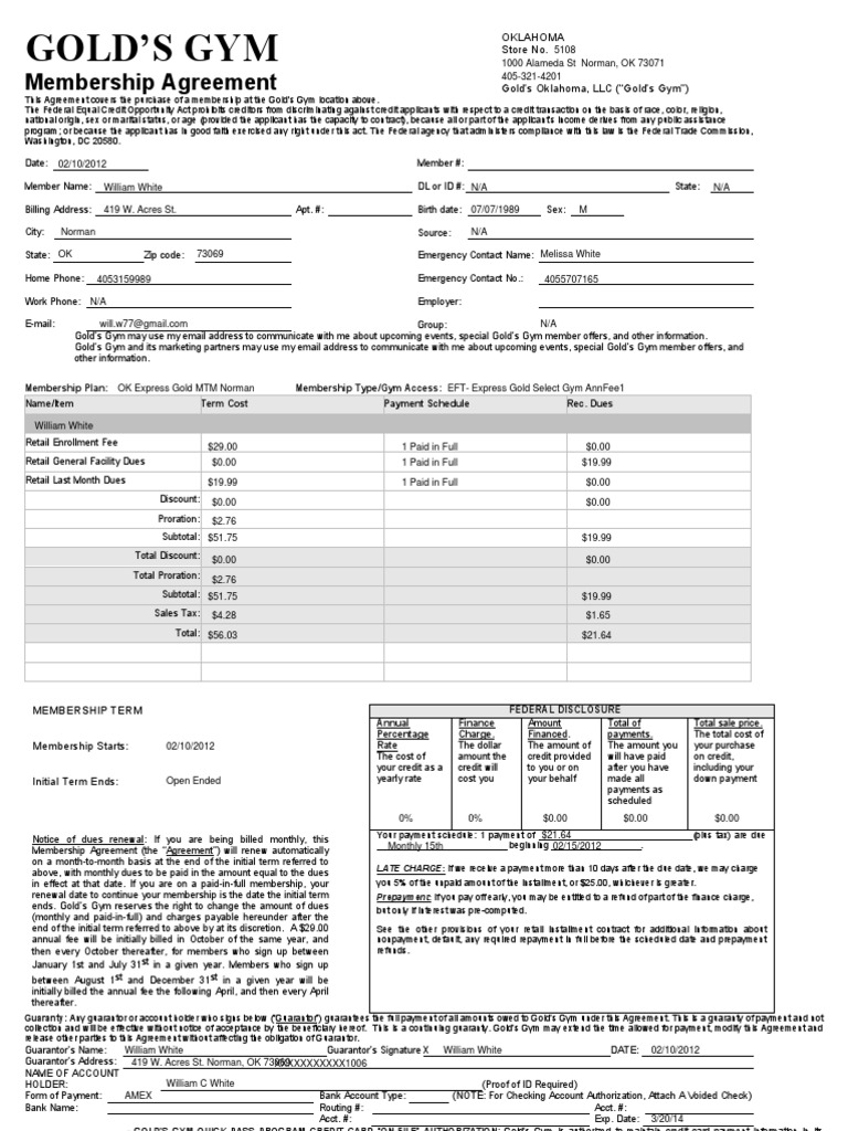 Golds Gym Membership | Credit Card | Payments