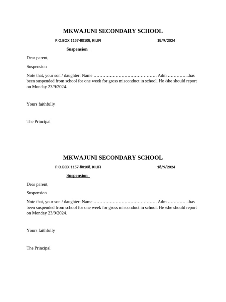 Student Suspension Notice Template | PDF