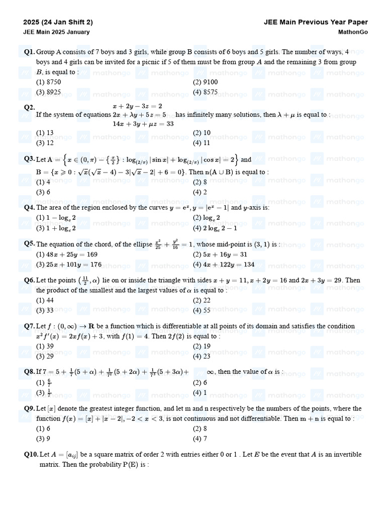 JEE Mains 2025: 24 Jan Shift 2 Paper | PDF | Wavelength | Function ...