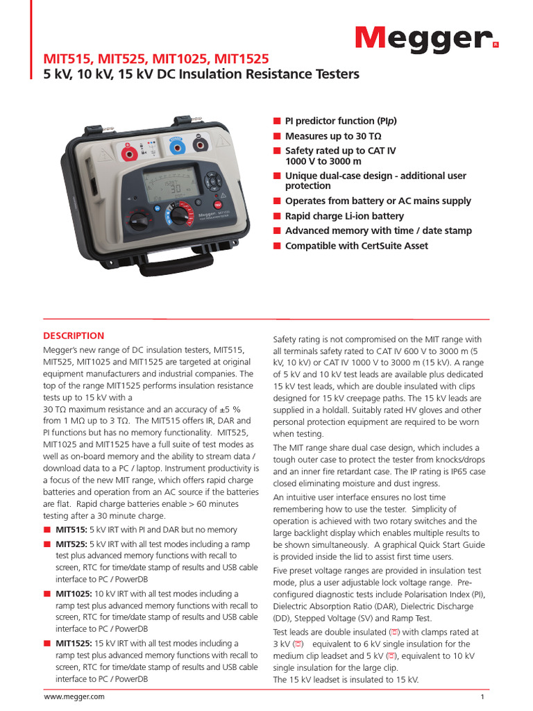 Megger 15 kV Insulation Testers Overview | PDF | Voltage | Insulator ...