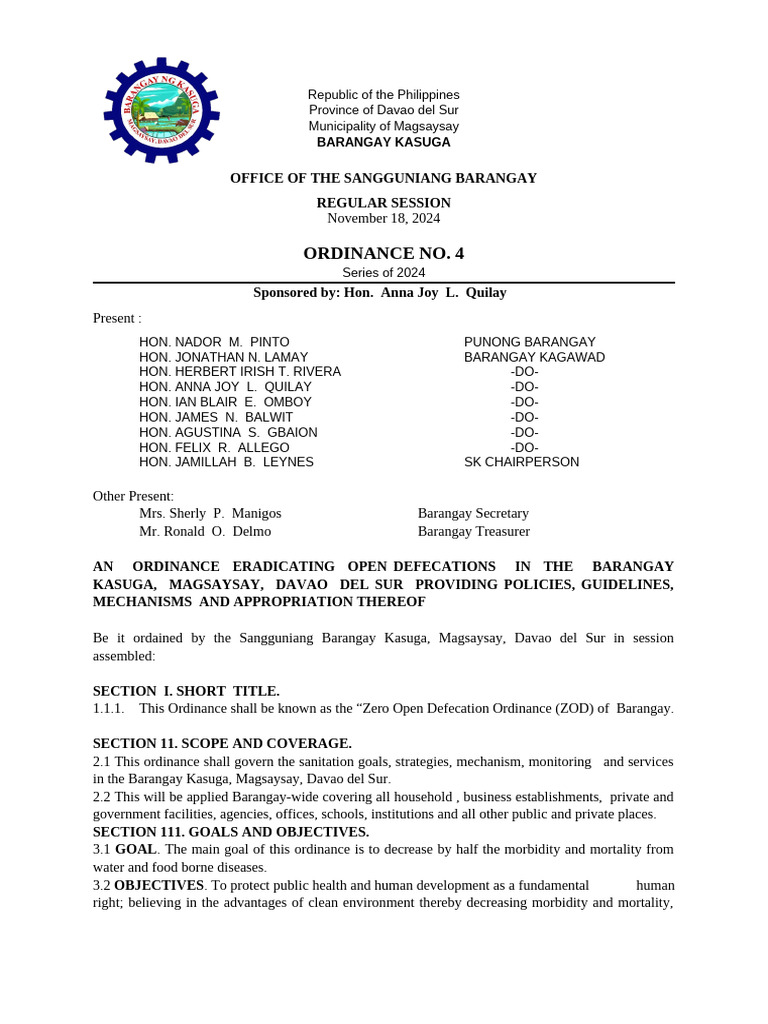 Zero Open Defecation Ordinance Davao | PDF | Sanitation | Waste Management