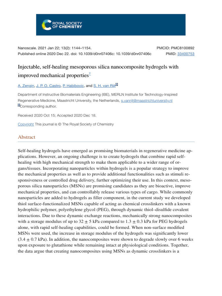 Injectable, Self-Healing Mesoporous Silica Nanocomposite Hydrogels With ...