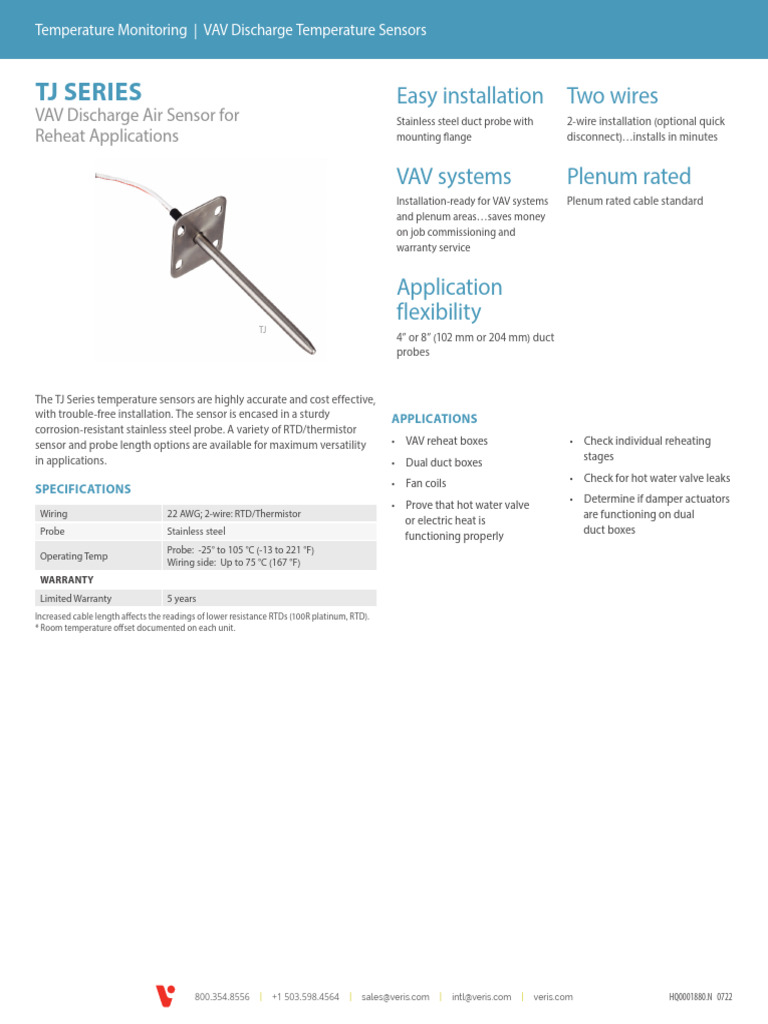 TJ Series VAV Temperature Sensors | PDF | Duct (Flow) | Electrical ...
