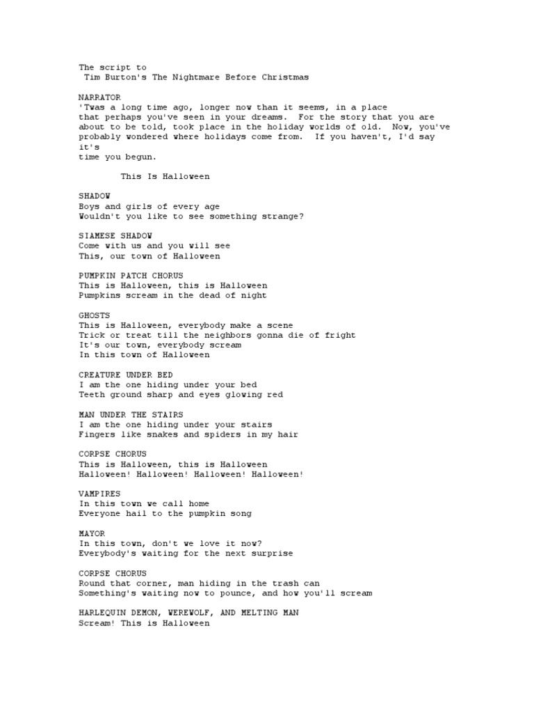 The Nightmare Before Christmas Script PDF Halloween Santa Claus
