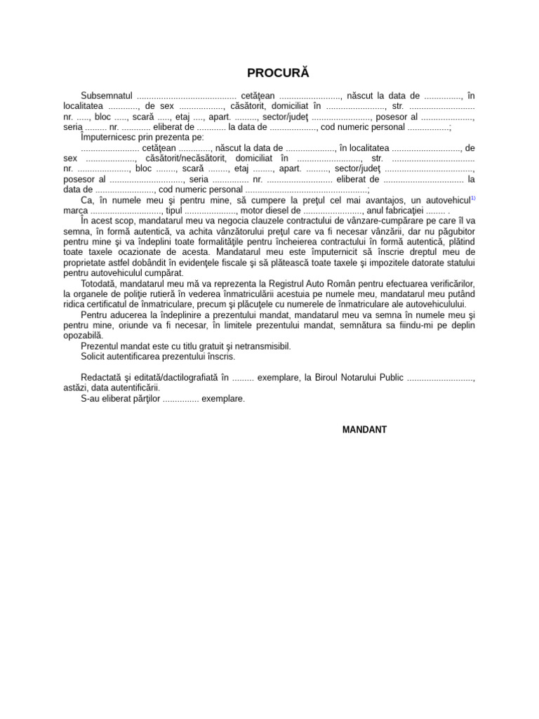 Procura Privind Cumpararea Unui Autovehicul | PDF
